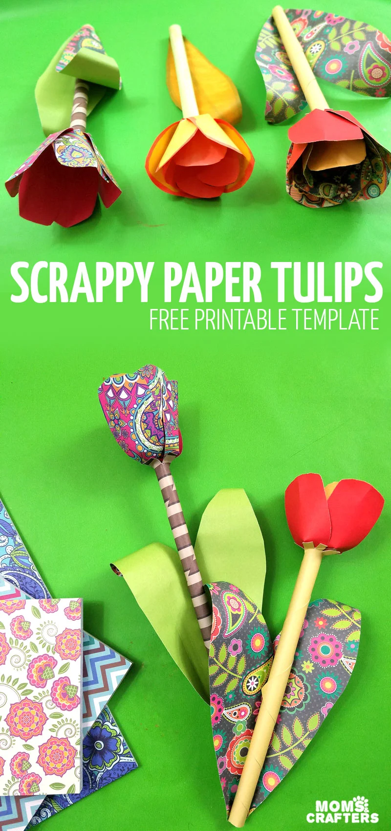 Make your own paper tulips with this free printable paper flower template! Try this fun flower spring craft for teens, tweens, and grown-ups using scrapbook paper or alcohol markers. #papercrafts #paperflowers #momsandcrafters