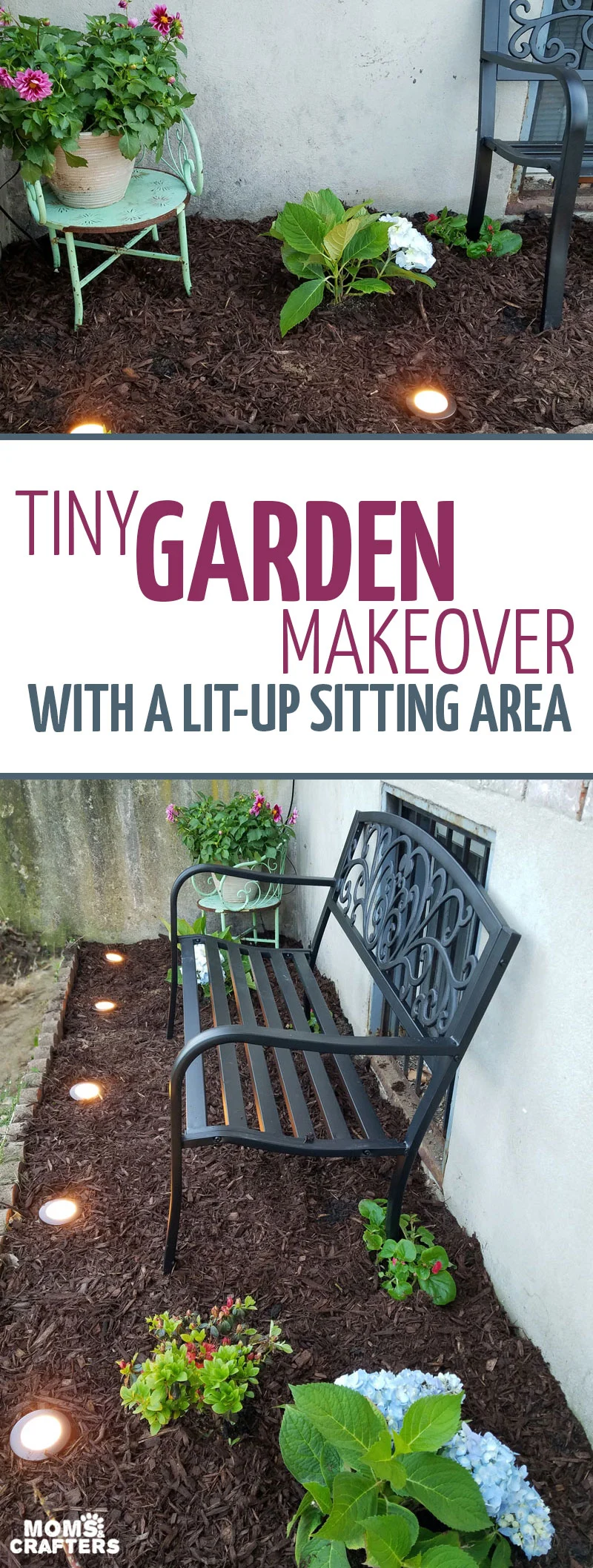 You'll love this tiny garden makeover featuring a sweet eclectic sitting area. This city garden idea is perfect for tiny spaces and includes a parkbench. This DIY lawn and garden makeover was simple and easy to complete #garden #citylife #momsandcrafters