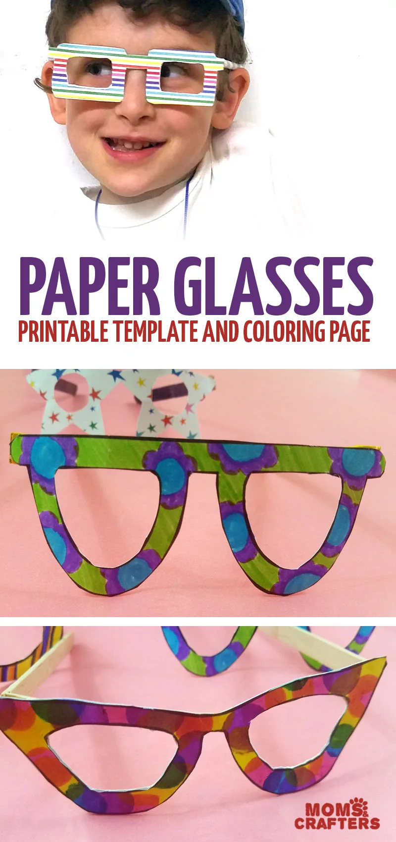 Make your own paper glasses with a printable template! You can use these as a coloring page and color in before crafting or use scrapbook paper to make this fun and funky papercraft for kids. #paper #papercraft #kidscraft