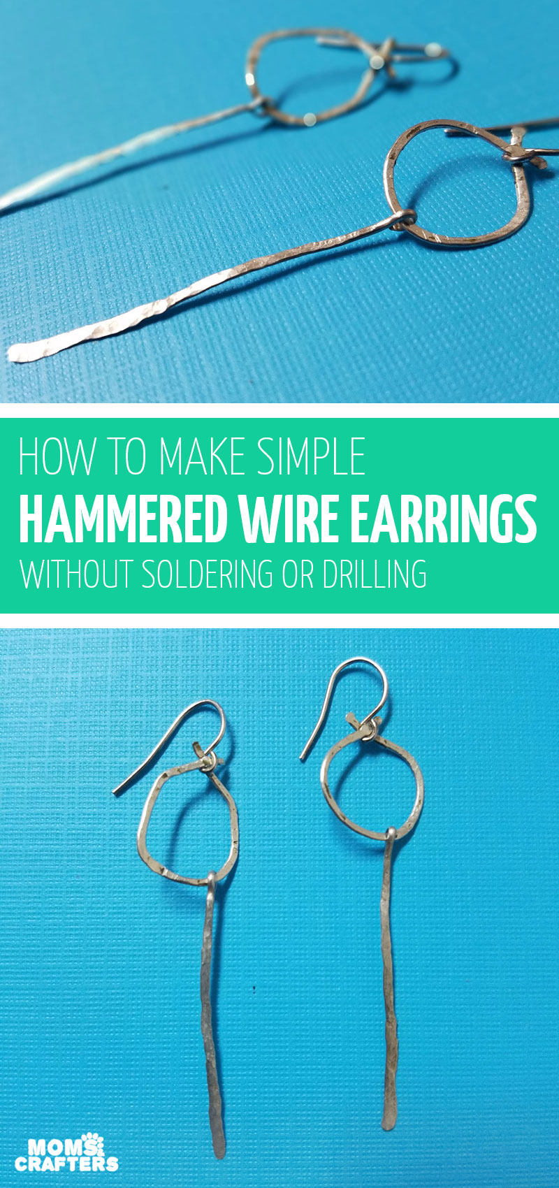 Click to learn how to make wire earrings with a cool hammered finish in this hammered jewelry making tutorial for beginners! #jewelrymaking #diyjewelry #wirewrapping #wirejewelry #hammered jewelry