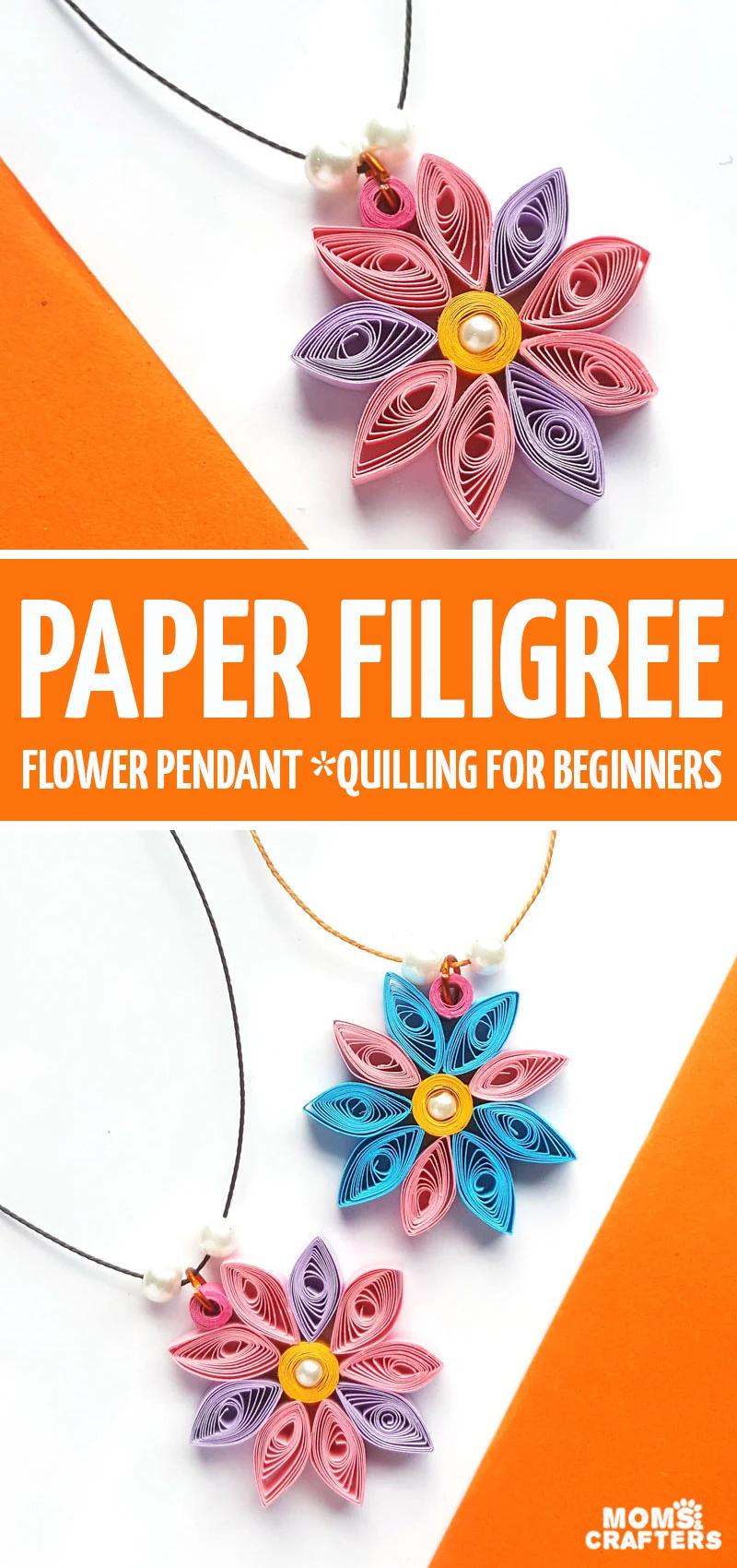 Click for the tutorial and to learn how to make these beginner paper quilling flowers and then turn them into fun paper filigree pendants! This paper quilling tutorial and ideas for beginners is perfect for kids and teens too! Quilled paper jewelry is a great way to start. #paperquilling #jewelry #craftsforkids