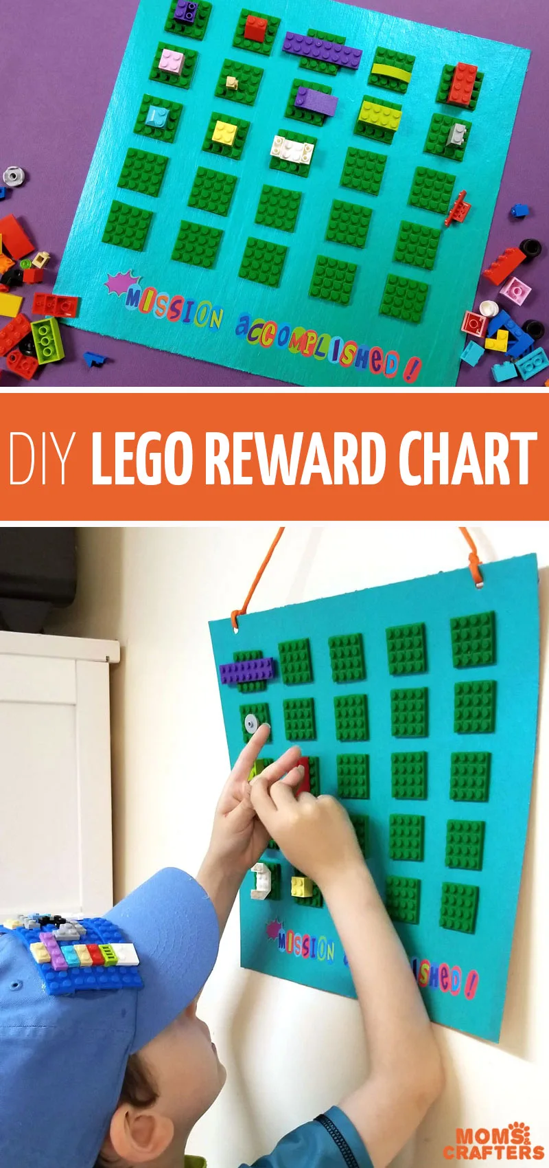 Click to learn how to make your own DIY reward chart for kids using brick tape! This LEGO rewards chart is the perfect incentive for boys and girls who love LEGO and want to earn some for their collection! #lego #diy #craftymom