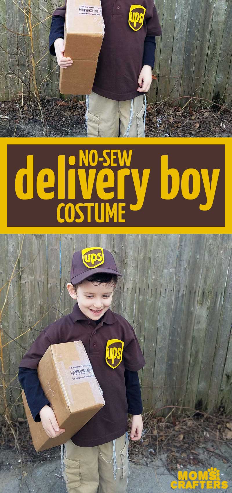 Click to learn how to make your own UPS delivery costume for boys or girls! This easy no-sew kids costume is made from real clothing that you can reuse when you're done and it's perfect for Halloween or Purim. #diycostume #halloween #crafts