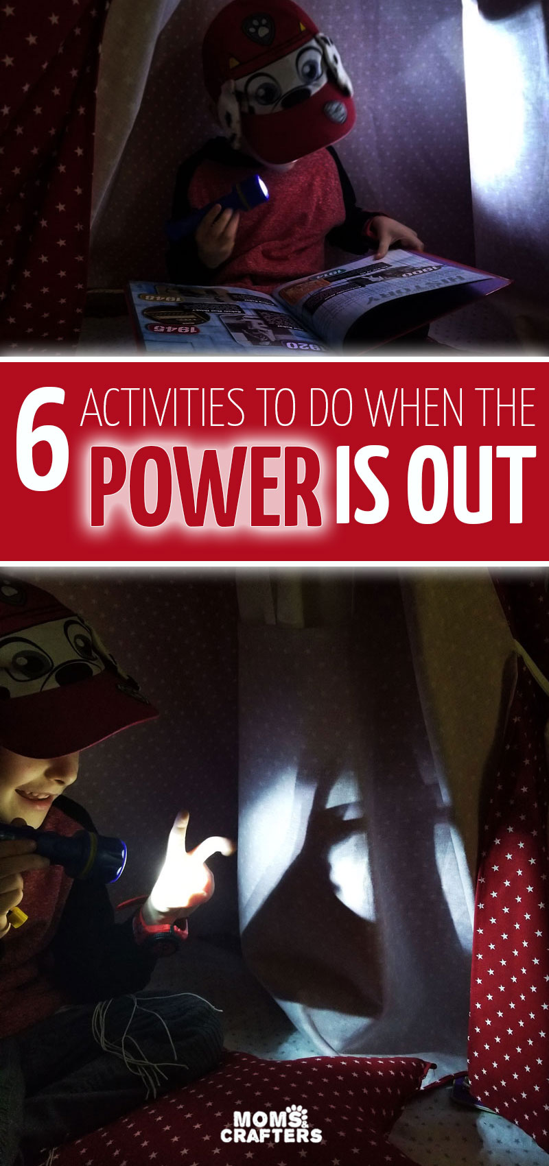 Click for 6 fun and easy activities for kids for when the power is out! These fun ideas are super easy and include survival tips for moms during power outages, storms, hurricanes, and blackouts.