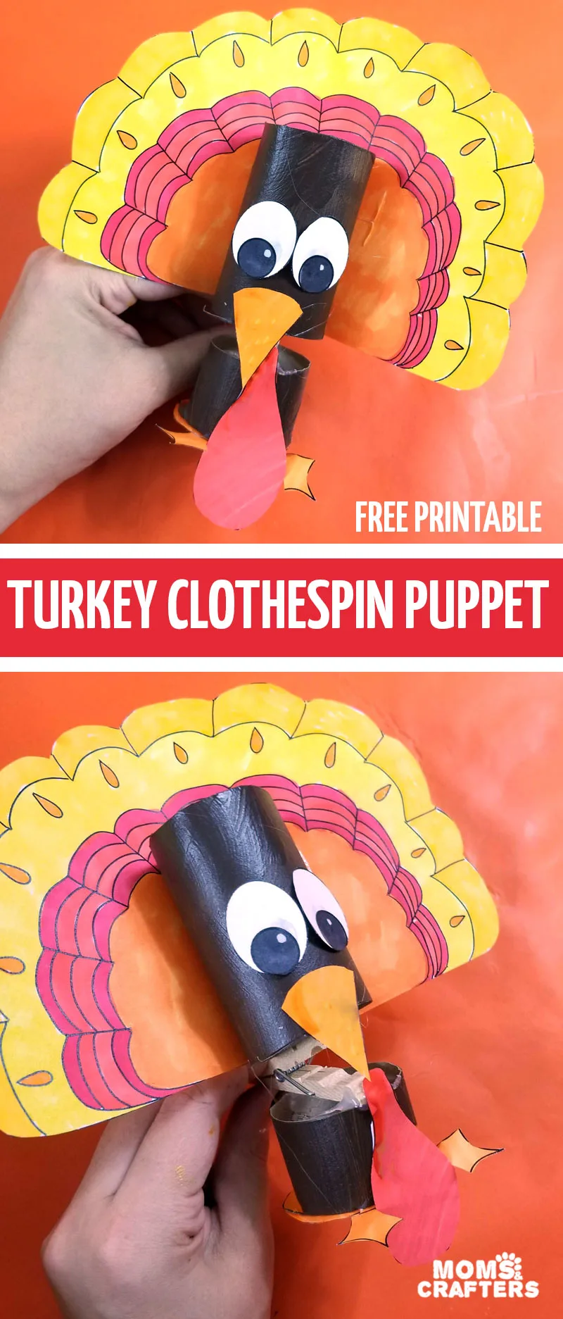 Click to print and download your own turkey puppet template. Make these super adorable thanksgiving crafts using recycled materials - including toilet paper rolls and clothespins! Perfect for kids!