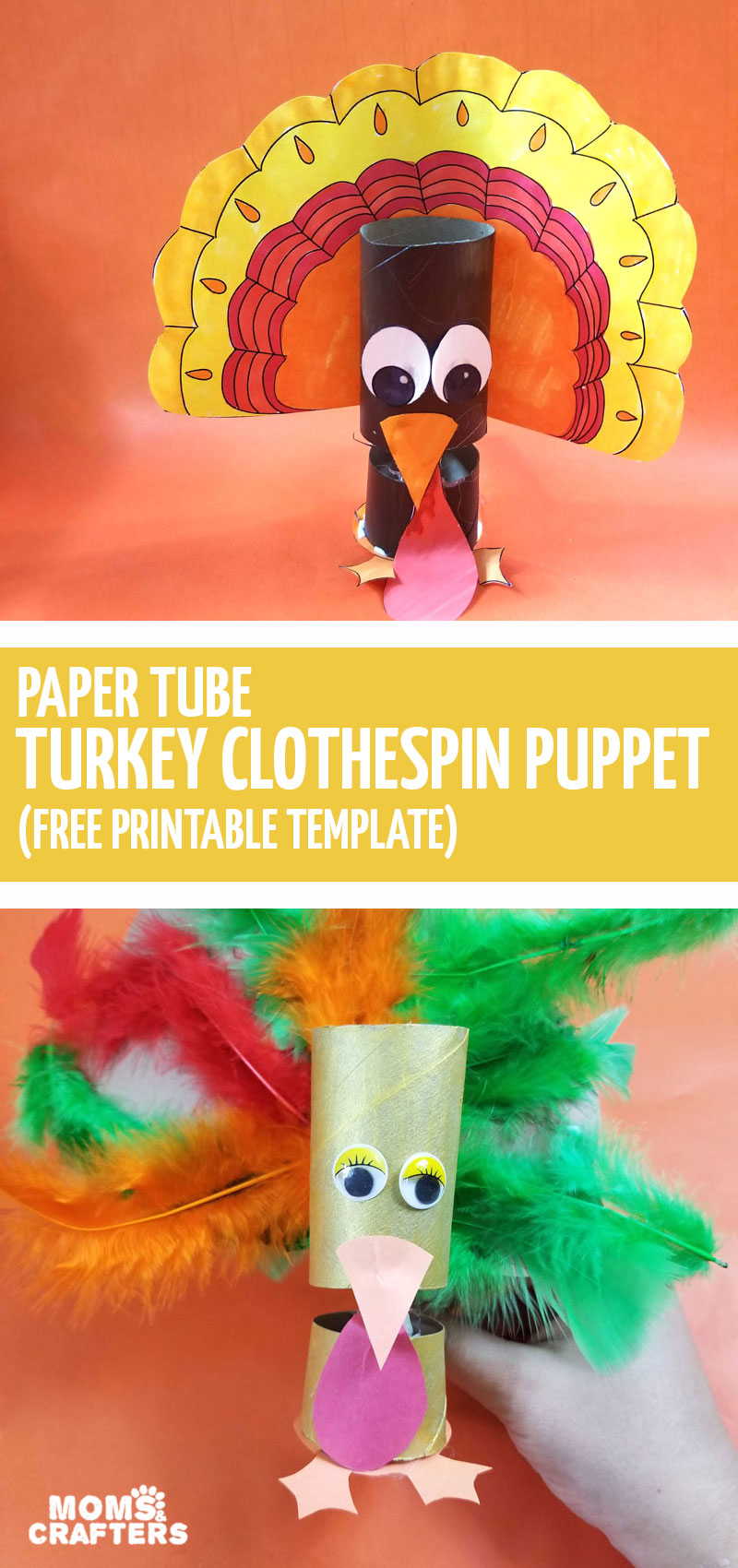 Make your own turkey puppet with the free printable template. Color it in or craft it using toilet paper rolls, clothespins, and feathers for an adorable Thanksgiving craft for kids.