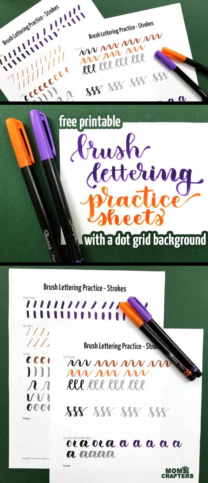 Click to download these free printable brush lettering practice sheets to learn how to do hand lettering with the basic strokes you need! #brushlettering #calligraphy #handlettering