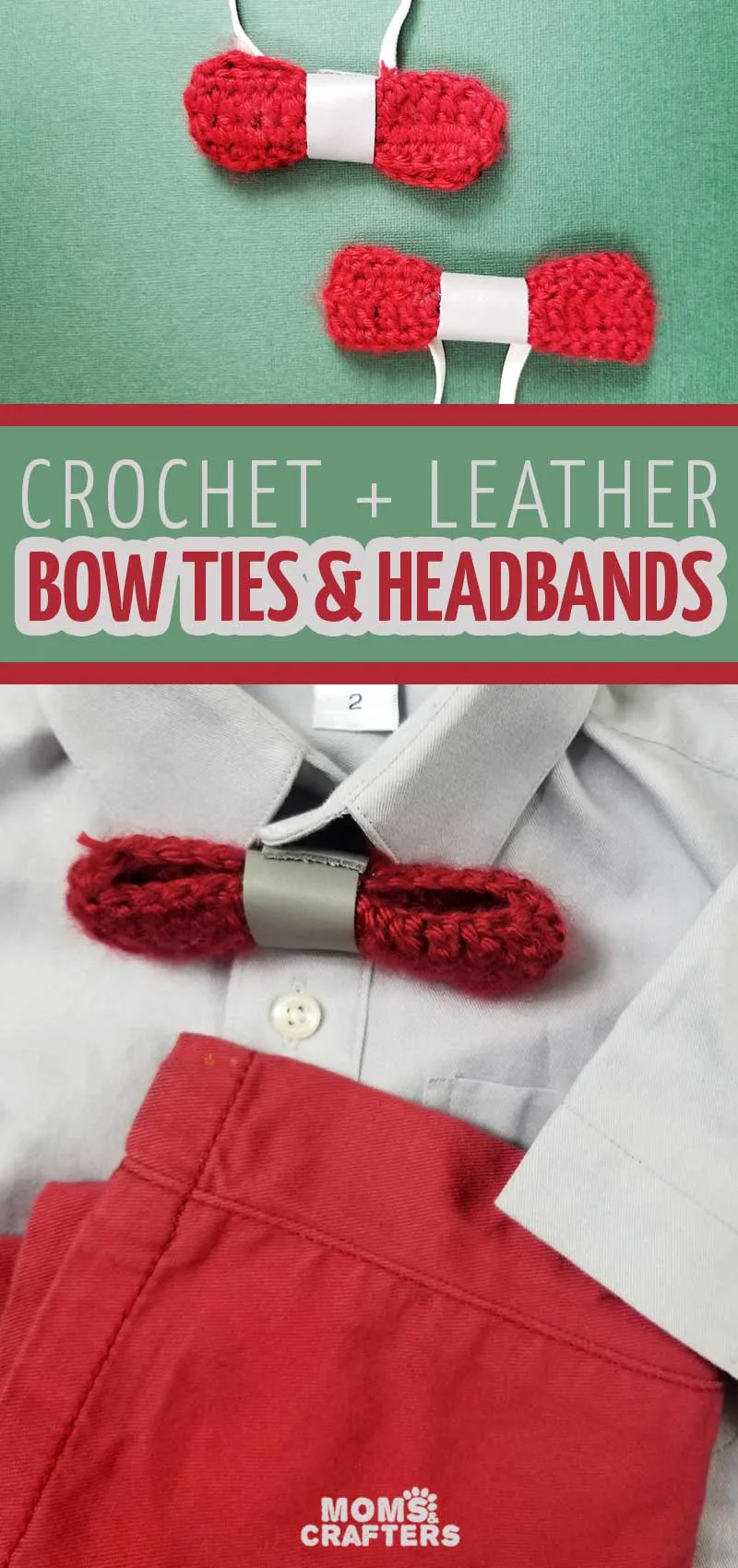 Click to learn how to crochet a bow and make the coolest leather accent bow ties and headbands - perfect holiday accessories for boys and girls!