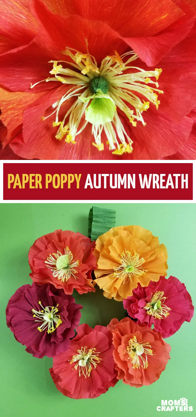 Click to learn how to make a stunning crepe paper flower wreath using an Icelandic Poppy template! You can make it for fall and autumn decor in rich reds, yellows, and oranges, or make it in Christmas colors as a Christmas wreath. 
