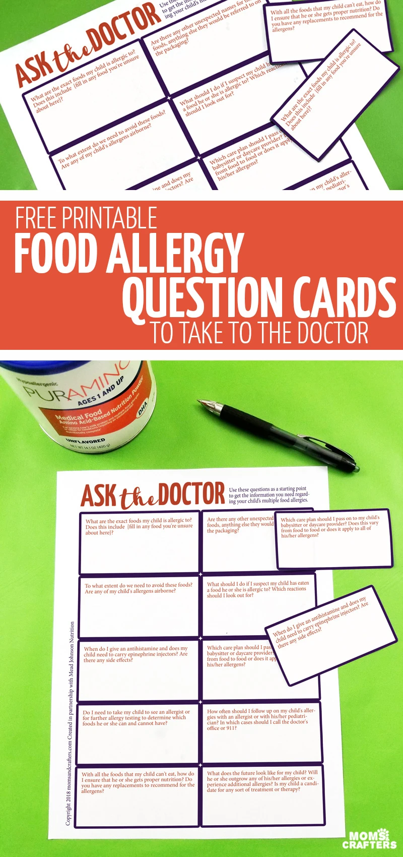 Click for information about #PurAmino and free printable food allergy question cards, perfect for parents who are dealing with kids with multiple food allergies! Ask your doctor parenting questions regarding allergic reactions, nutrition for kids with food allergies, management, and more!
