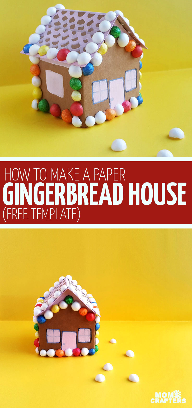 Click for the template to make this easy gingerbread house craft for kids! These easy paper houses come with a free printable paper craft template and are a fun Christmas papercraft for winter. #christmas #papercraft #paperhouses