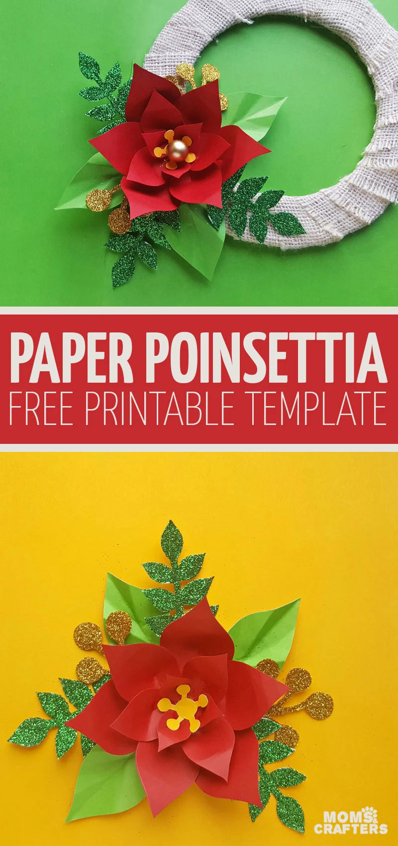 Click for instructions to make an easy DIY Christmas wreath using a Paper Poinsettia template! this easy Christmas papercrafts for kids or adults is so bright, colorful, and fun! #christmas #paperflowers #papercraft