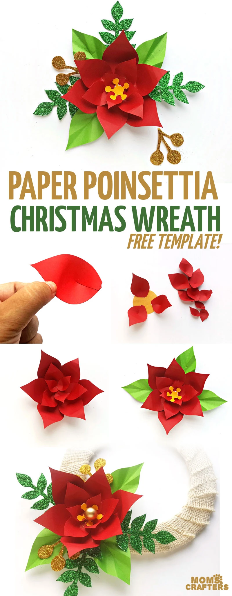 Click to learn how to make a paper flower christmas wreath using this free printable paper poinsettia template! This fun paper flower template makes a fun DIY Christmas craft for teens, tweens, and adults, and a fun paper flower home decor idea #poinsettia #christmaswreath #paperflowers