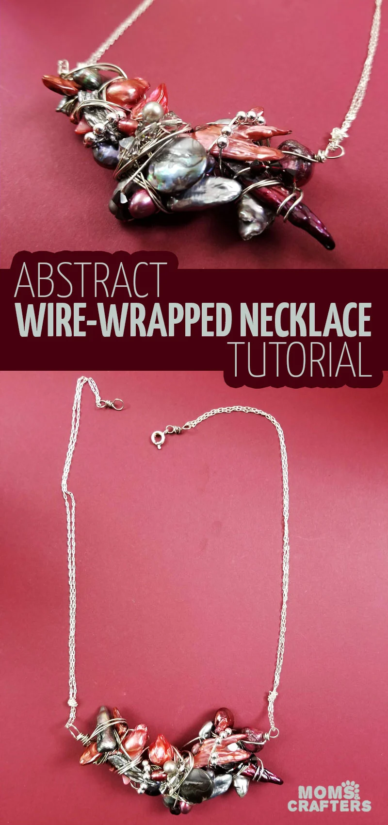 Click for a magnificent necklace wire wrap tutorial! This stunning abstract freshwater pearl stone and crystal DIY wire wrapping tutorial is a beautiful jewelry making idea and craft for the holidays or for bridesmaids too. #jewelrymaking #wirewrap #weddings