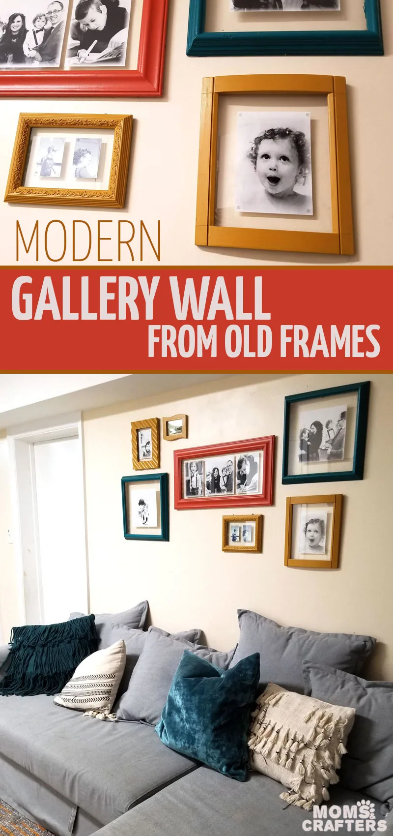 Click to learn how to create your own modern DIY gallery wall from old upcycled frames. These repurposed frames make beautiful contemporary home decor with a pop of color and an easy DIY gallery wall layout idea. #gallerywall #homedecor #upcycled