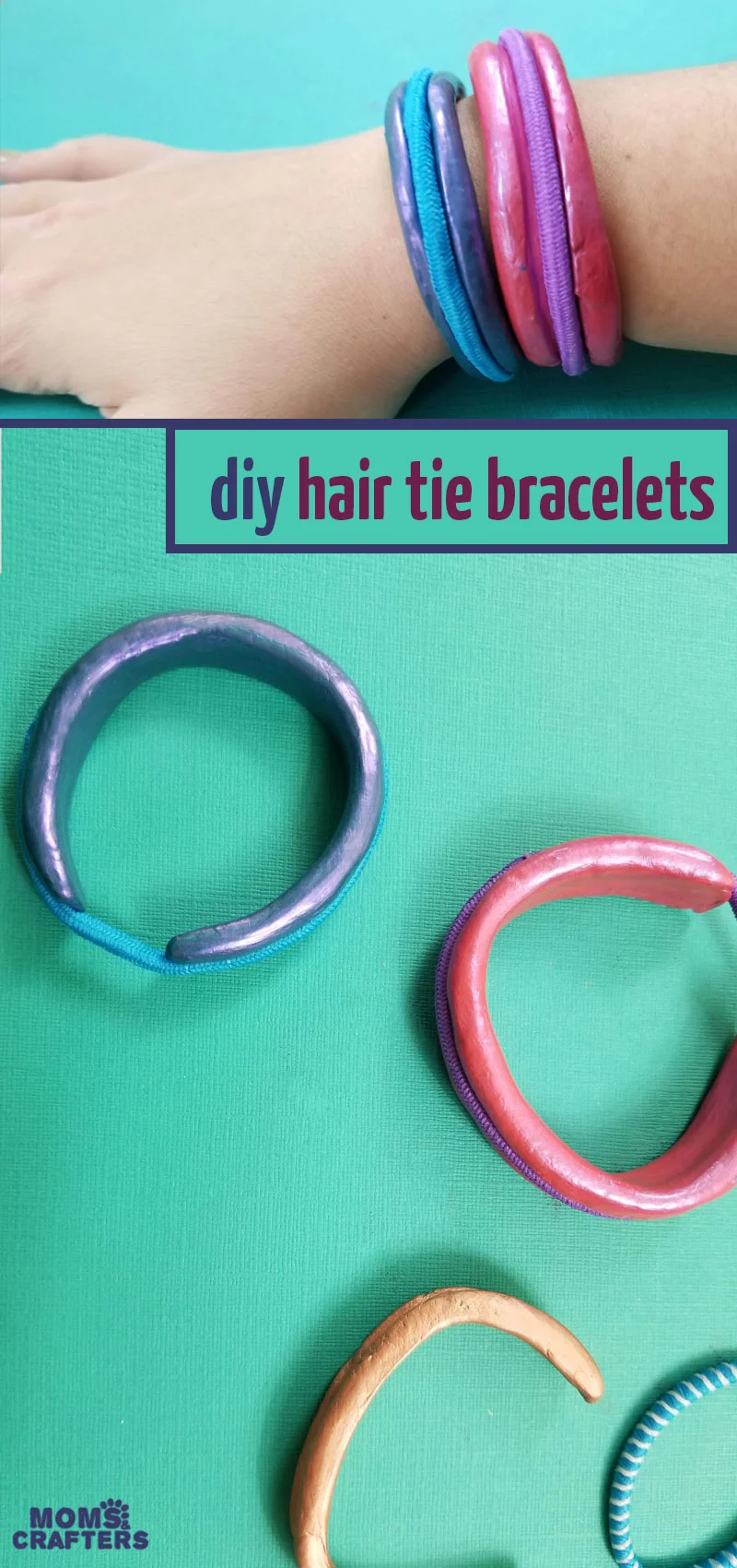Click to learn how to make these hair tie bracelets DIY - this fun and easy clay jewelry making craft for teens and tweens (and grown-ups) is perfect for beginners! You'll love this easy craft tutorial for hair tie bracelets to serve as a bangle holder for your ponytail holders. #polymerclay #jewelrymaking #teencrafts