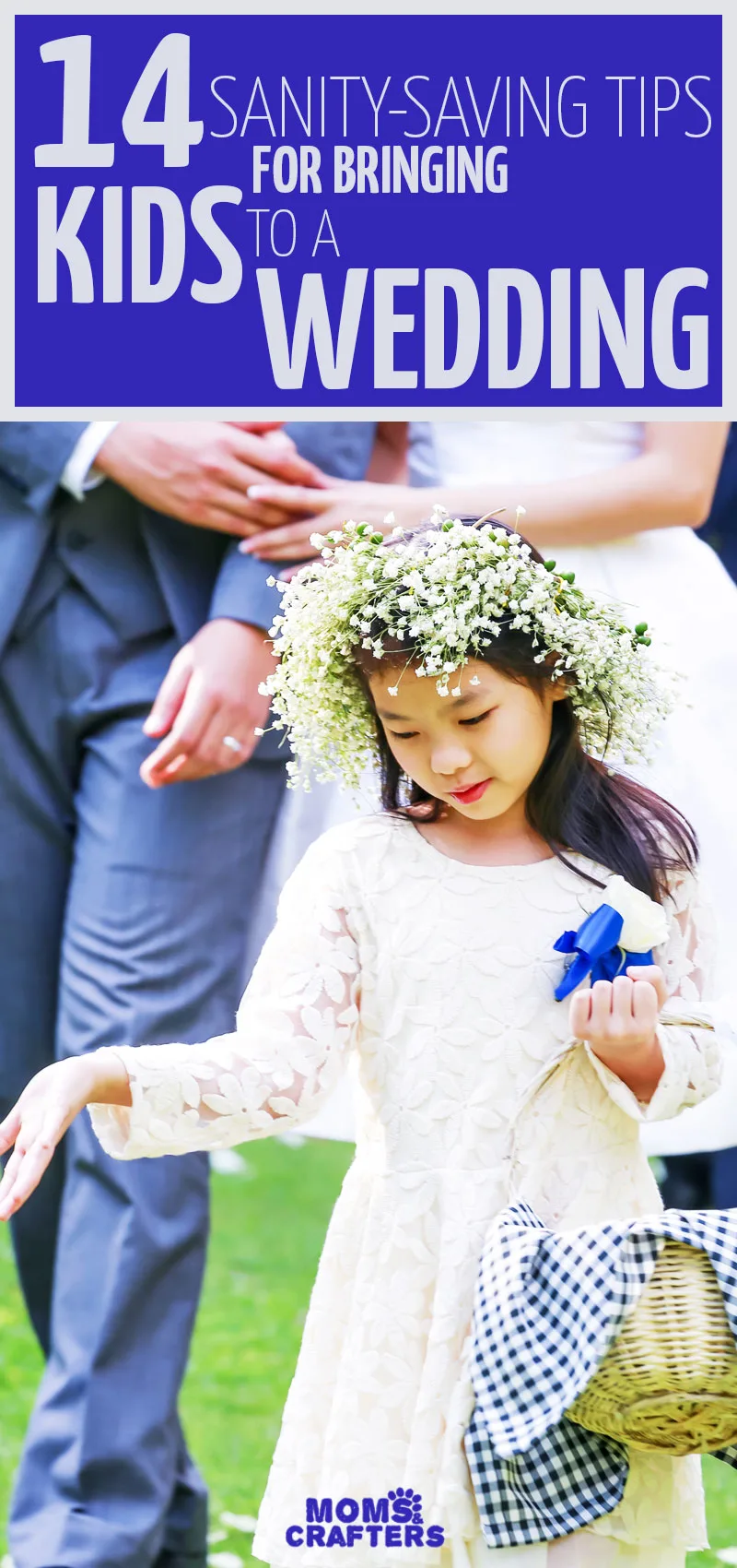 Click for 14 tips you need to read before bringing kids to a wedding! These sanity-saving tips and hacks for moms to deal with kids at a wedding will help you enjoy it so much more -w ith ideas for what to put in your diaper bag, activities for kids to do at a wedding, and other need-to-know parenting tips for handling toddlers and preschoolers at a family event. #weddings #parentingtips #kidsactivities