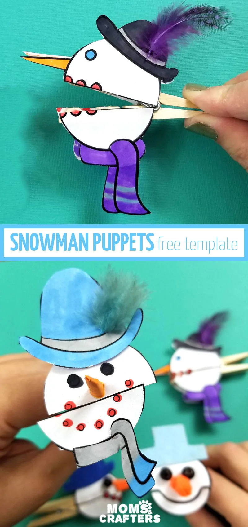 Click for the free template to make these cool snowman puppets with clothespins! These fun winter crafts for kids help practice fine motor skills, communication, and more, as well as teaching kids about winter. 