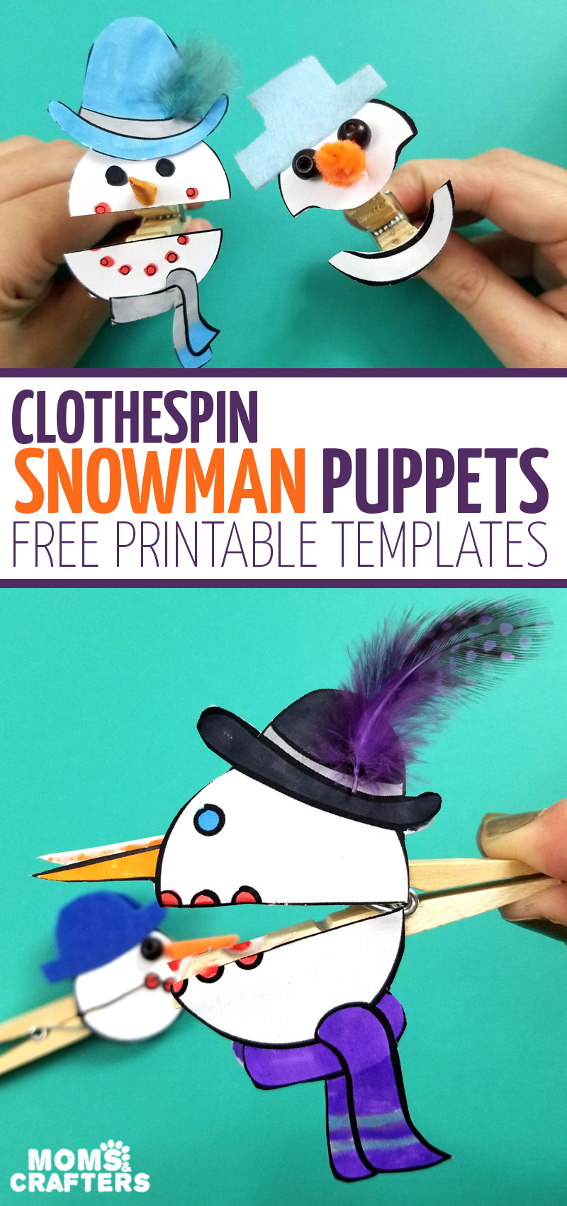 These easy clothespin puppets make a great winter craft for kids! Click for the free snowman puppets template and make this sweet fine motor snowman craft for preschoolers and kids. #finemotor #snowman #wintercrafts