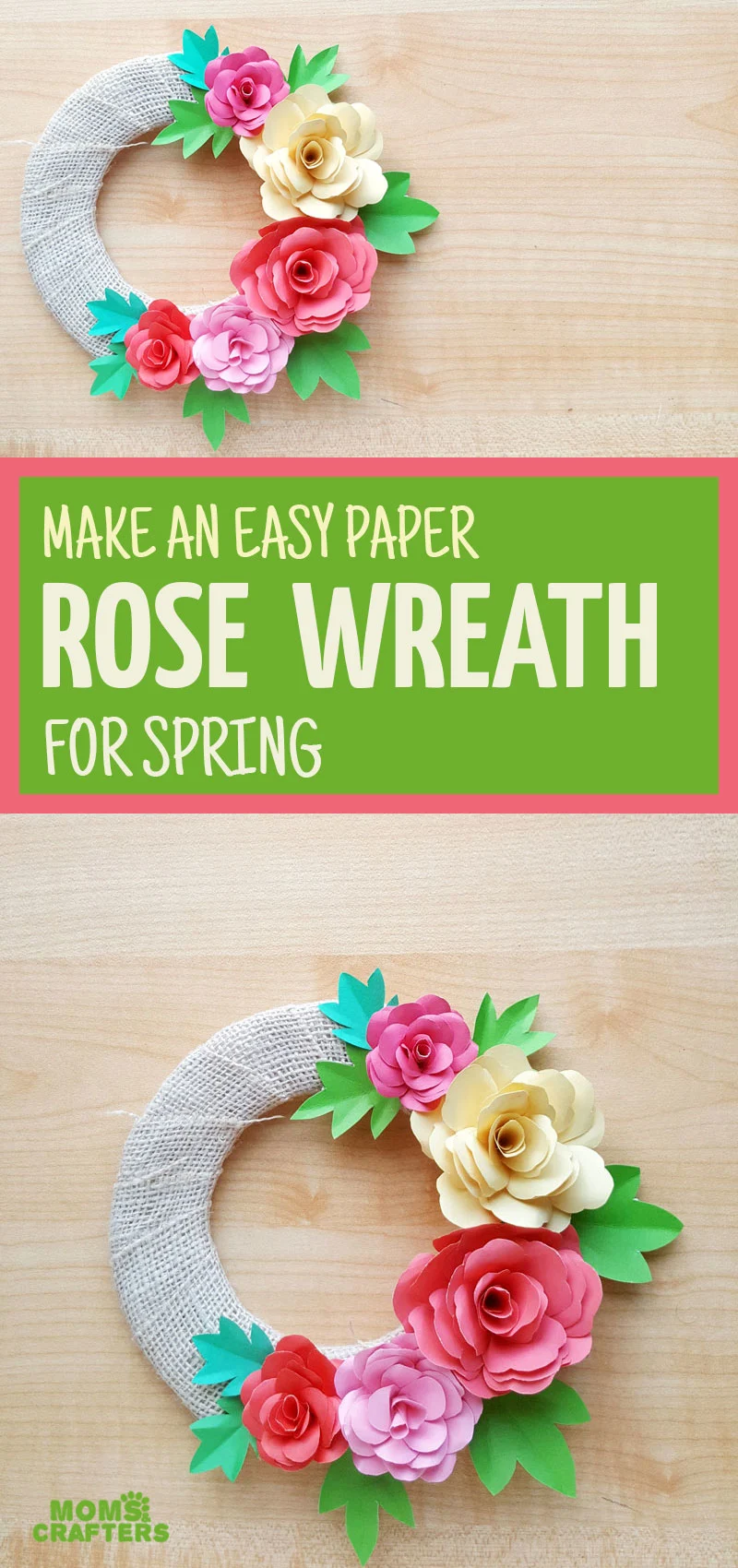 Make your own paper flower wreaths using a free printable template! These DIY paper roses are so pretty and colorful and fun for Spring!