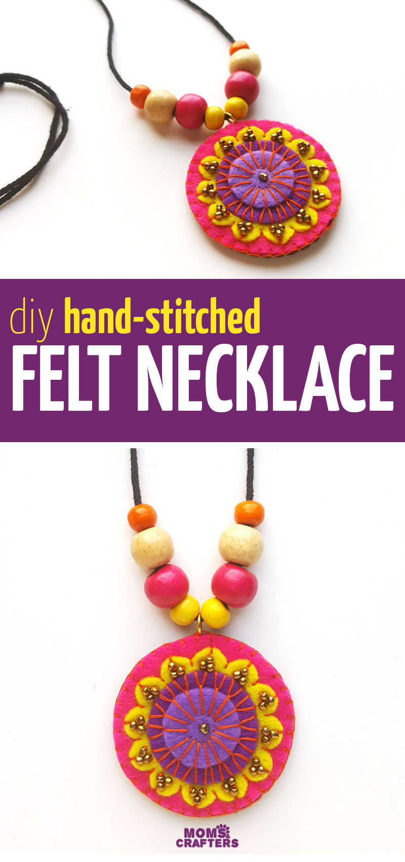 Click for the tutorial and template to make this fun colorful DIY felt necklace - you can hand stitch this beautiful sewing and jewelry making project for beginners! This is a fun jewellery craft tutorial for teens and tweens too!