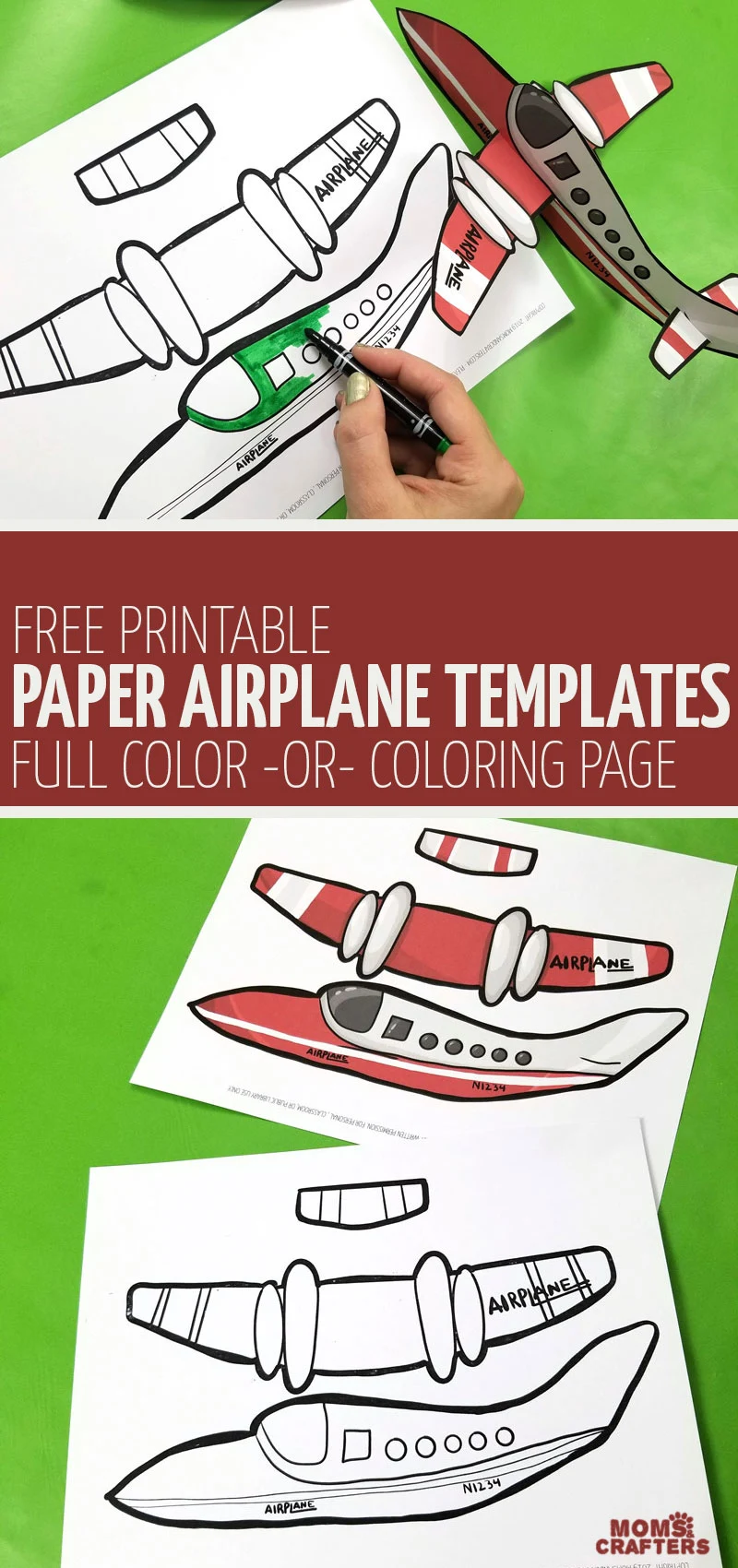 CLick for this free printable easy paper airplane templates in the full color and coloring page version! This fun kids craft and paper toy is a super fun paper craft to make for travel. 