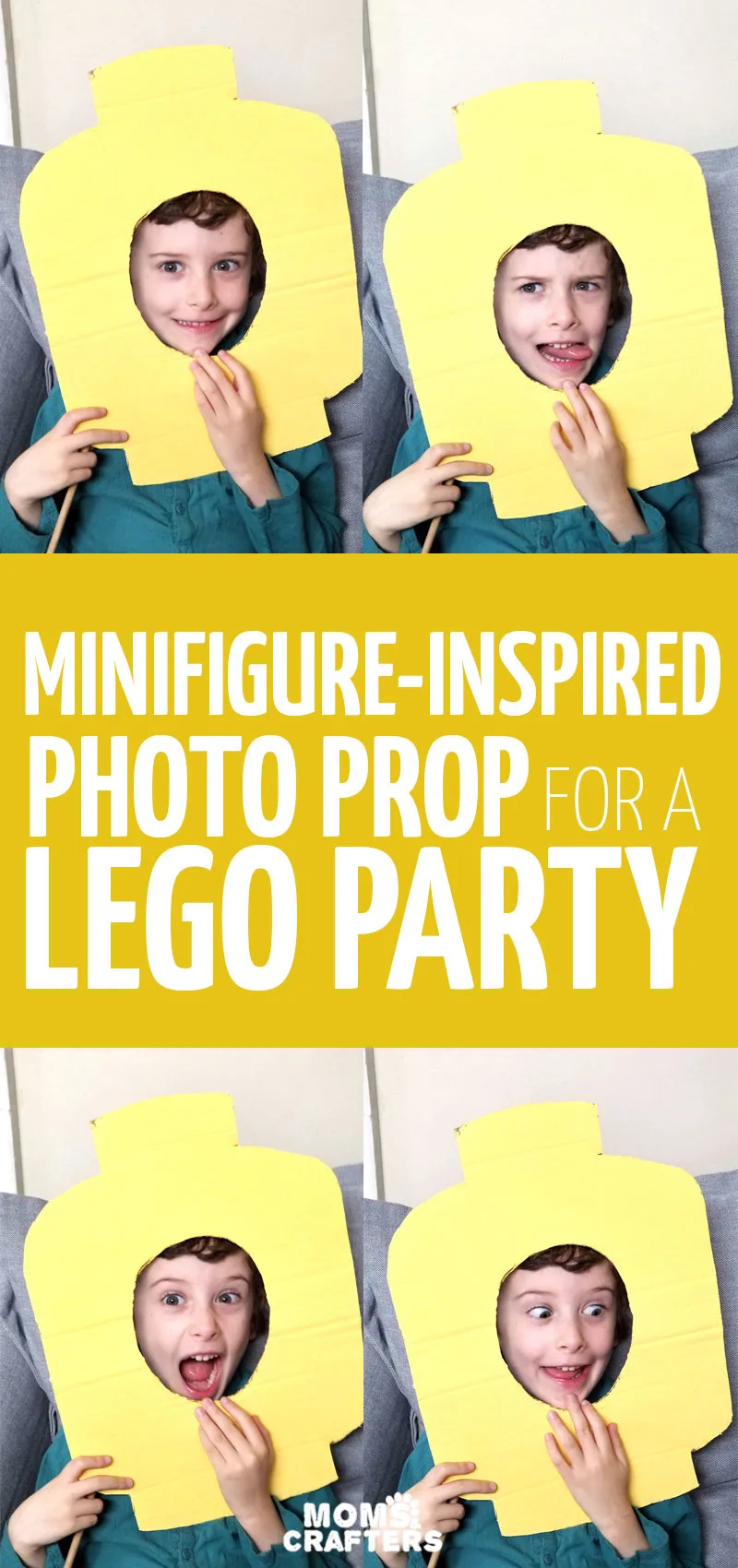 Make LEGO photo props for your next LEGO themed birthday party! This fun minifigure-inspired photo booth idea is made from upcycled cardboard boxes and is super easy to craft.