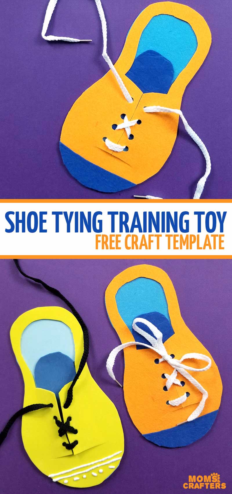 Teach kids how to tie their shoes with a shoe tying practice toy template - a free printable DIY felt no sew toy for moms to make for preschoolers and kids!