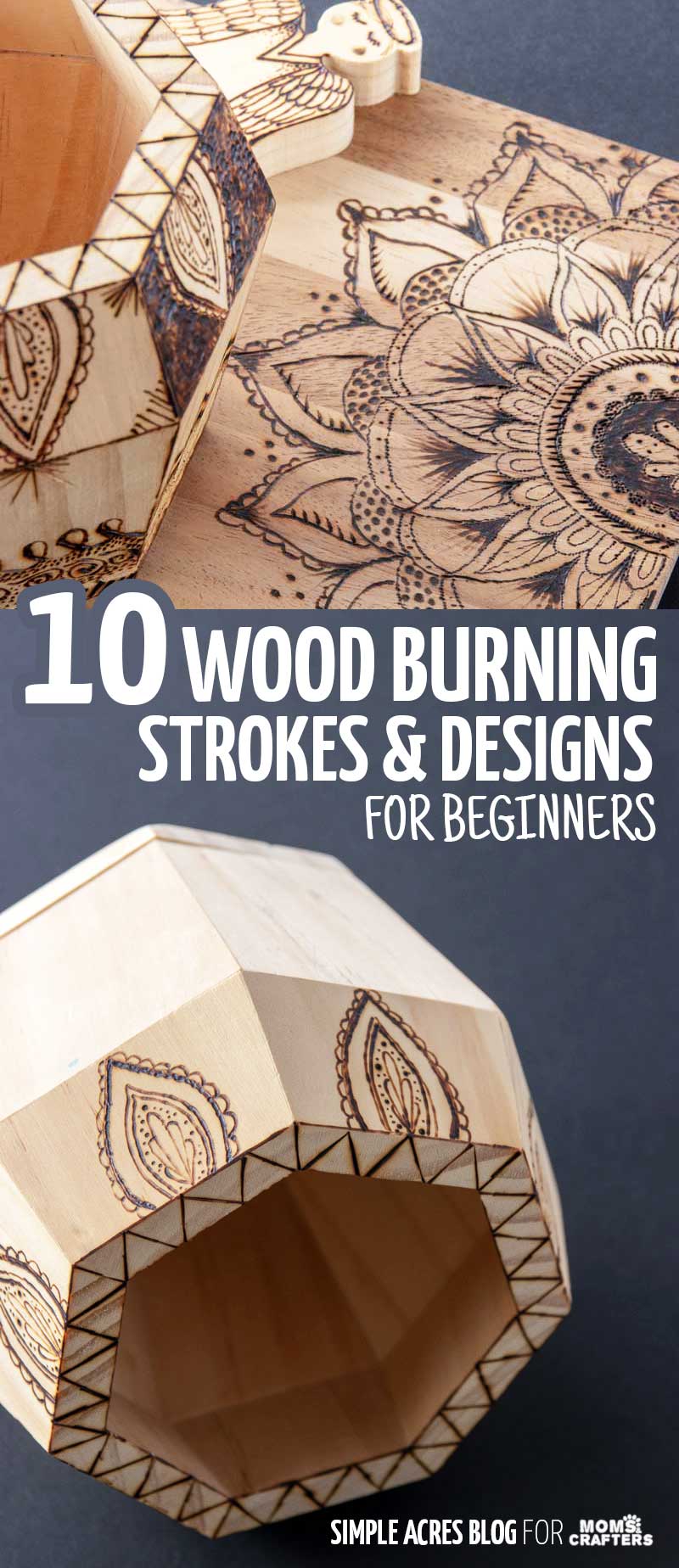 Click for 10 beautiful woodburning designs and fill ideas for beginners! This post on how to do woodburning for beginners shows you different ways to draw patterns and strokes so that you can fill your pyrogrpahy wood craft designs