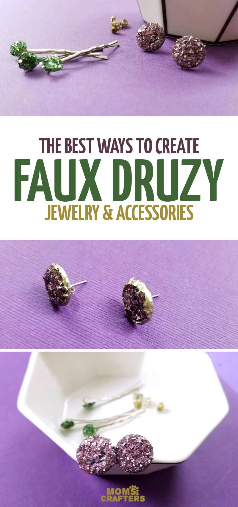 Make these beautiful faux druzy earrings DIY - a faux agate druze jewelry making tutorial for beginners! This easy jewellery project uses crushed glass glitter and features experimentaiton to narrow down the best way to craft this cool jewelry making project for teens and tweens - and adults!