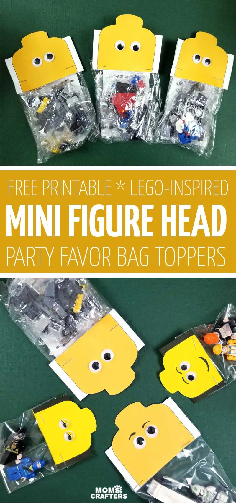 Click for some free printable LEGO inspired favor bags toppers - these cool free printables are in the shape of a minifigure head and are such cool birthday party ideas for a building brick themed party treat bags!