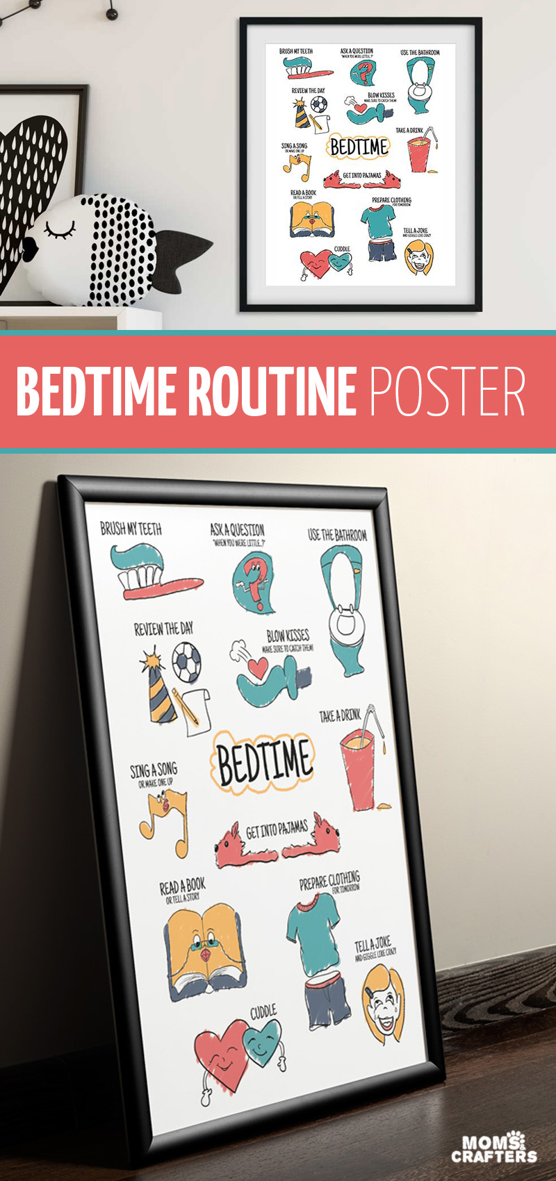 Click for a super cool kids room wall art poster - fun things to do in your bedtime routine! This wall art is printable or get it already printed.