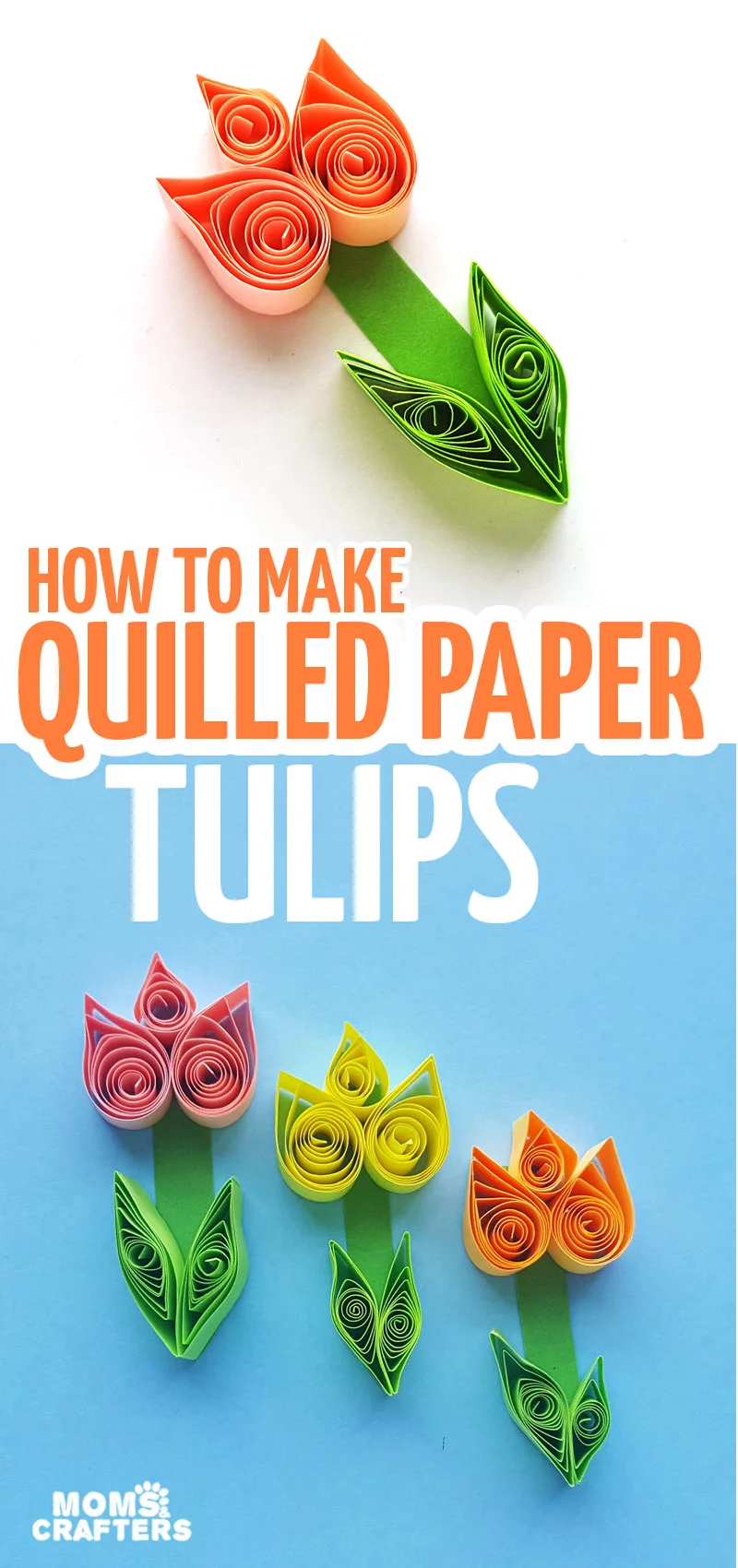 Click to learn how to make paper quilling tulips - a fun paper craft for Spring for kids, teens, and tweens. It's also a great quilled paper tutorial for beginners and a great Mother's Day card idea!