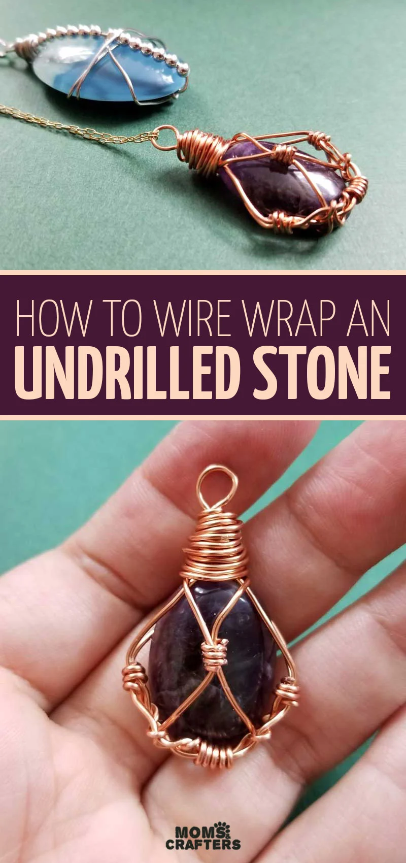 Click to learn how to wire wrap an undrilled stone with this DIY wire wrap stone pendant tutorial! It's a fun wire wrapping jewelry making tutorial for beginners and intermediates. 