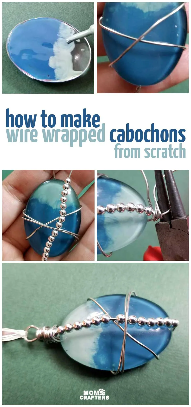 Click to learn how to make beautiful a wire wrap cabochon! This wire wrapping jewelry making tutorial teaches how to wire wrap a stone without holes for beginners and is a really fun jewelry making project for teens or adults. 