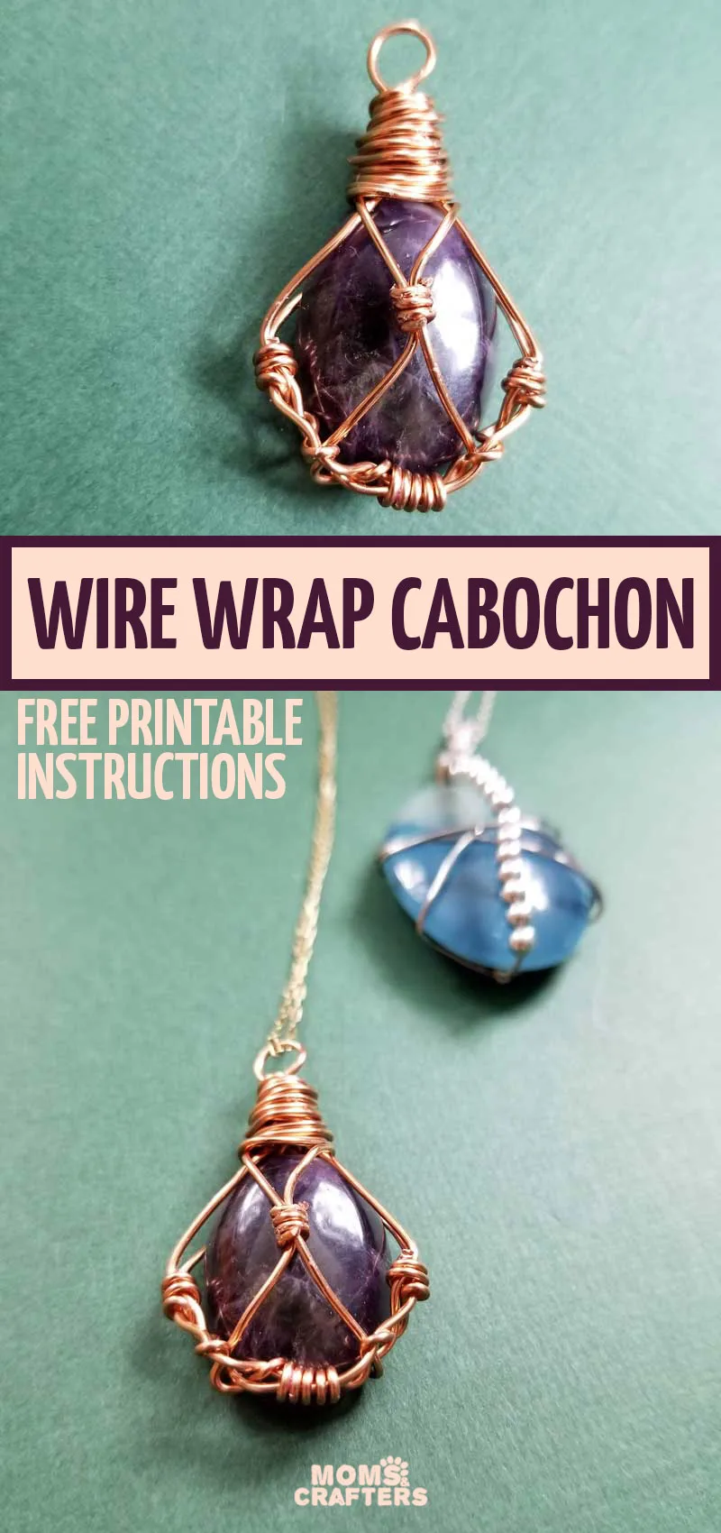 Free printable pattern and instructions to make a DIY wire wrap stone cabochon pendant. This stunning jewelry making craft is fun and easy to follow. 