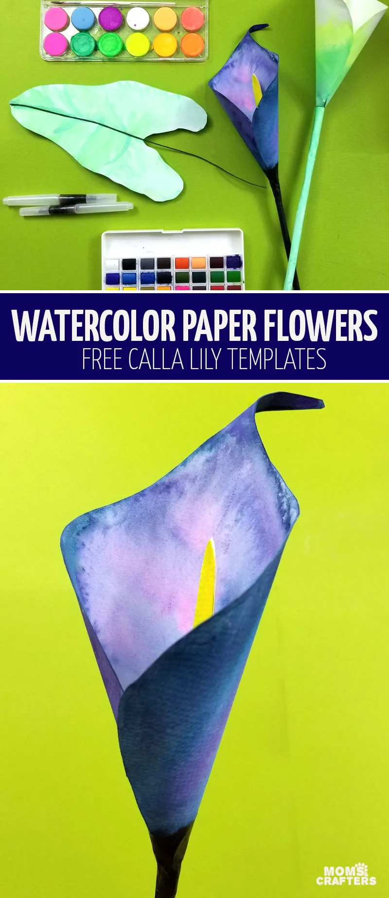 Click to learn how to make a paper calla lily with a free printable template! This fun paper flower tutorial and templates helps you make 3D watercolor flowers - a fun Mother's Day craft and DIY gift for teens to give!