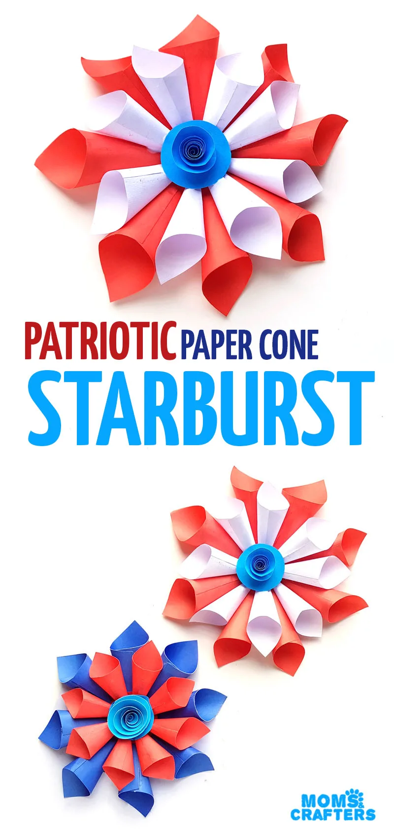 Make some DIY paper 4th of July Decorations and patriotic paper cone starburst wreath! These red white and blue paper decorations are perfect for Independence day picnics and fun crafts for eveyone.
