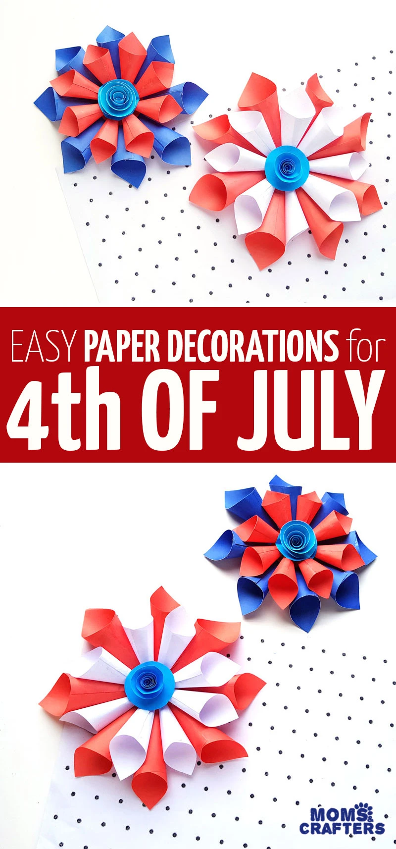 Clcik for cool paper 4th of July decorations made from paper cones in a starburst shape with a rosette! These fun Patriotic independence day decor ideas are fun crafts for kids teens tweens and grown-ups. 