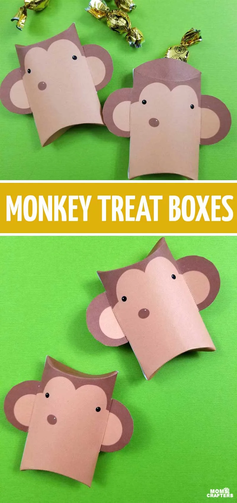 Click to download these monkey party favor boxes - fun paper pillow boxes to use as treat boxes at a monkey birthday party! These fun monkey goody bag ideas are so adorable!