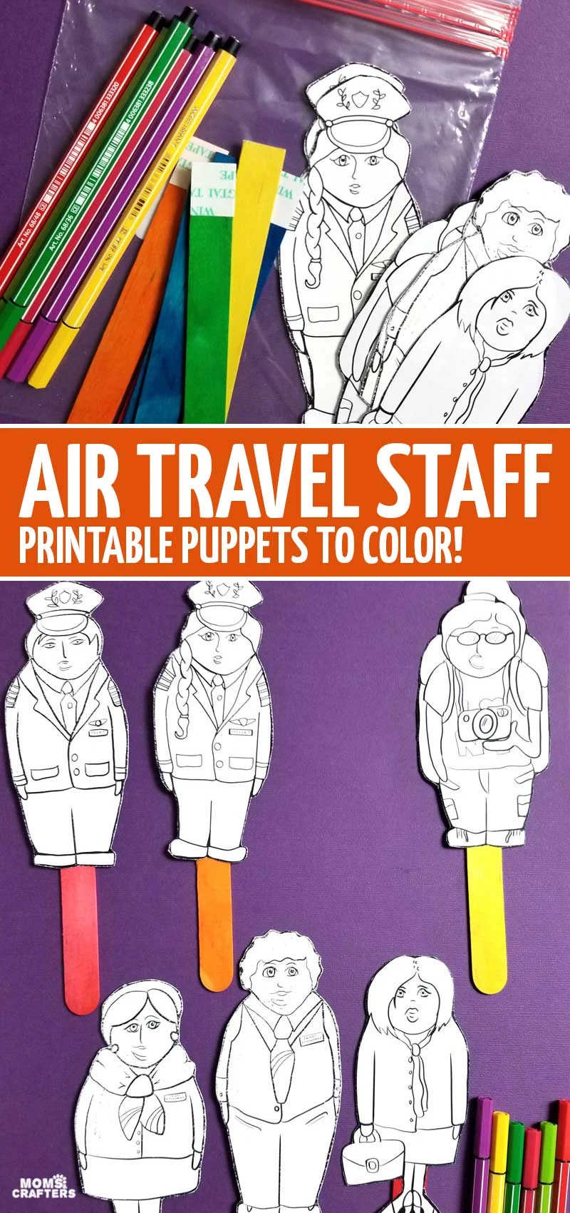 Click for these plane travel puppets - a fun airplane travel activity for toddlers and kids! This fun airplane craft is a fun travel craft for doing on the airplane or in the airport.
