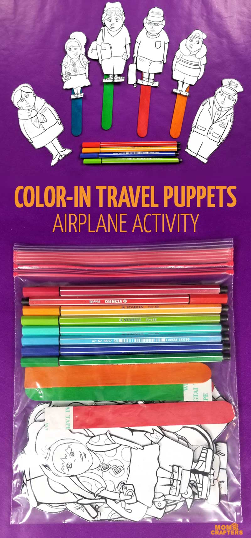 Love these travel activities for kids! Printable stick puppets - these plane travel puppets airplane coloring pages and activities