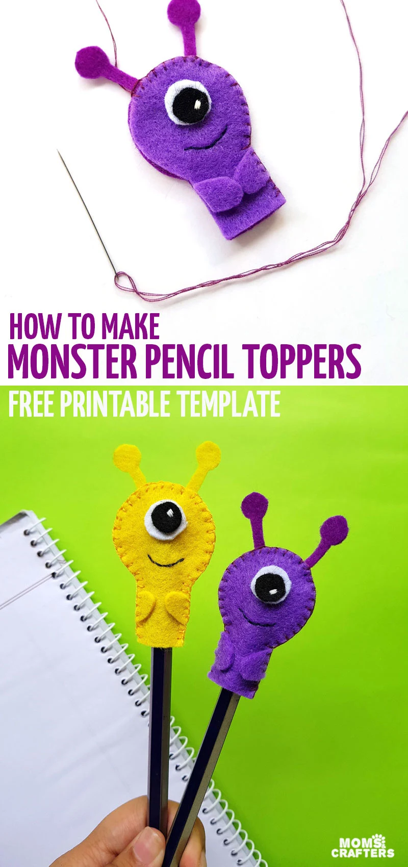 Click to download the free template to make this monster pencil toppers craft! This fun back to school craft idea is easy and perfect for kids and tweens who like to make DIY school supplies. 