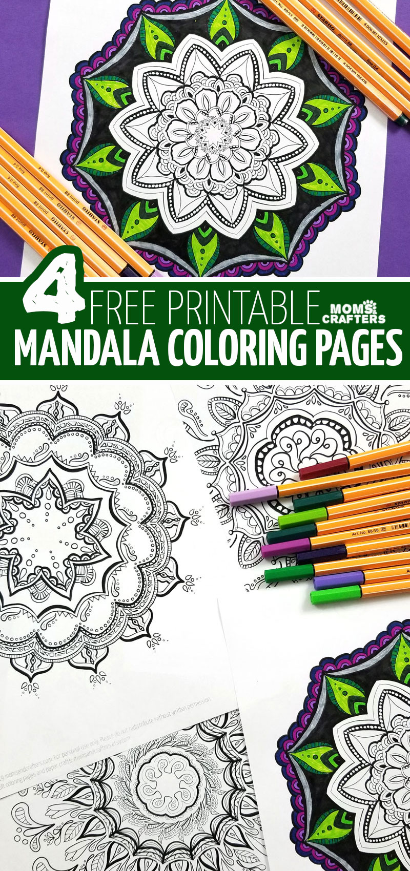 Click to download 4 free printable mandala coloring pagse for adults. Thsee relaxing coloring pages are perfect to unwind with, for color therapy and for grown-ups, big kids, and teens!