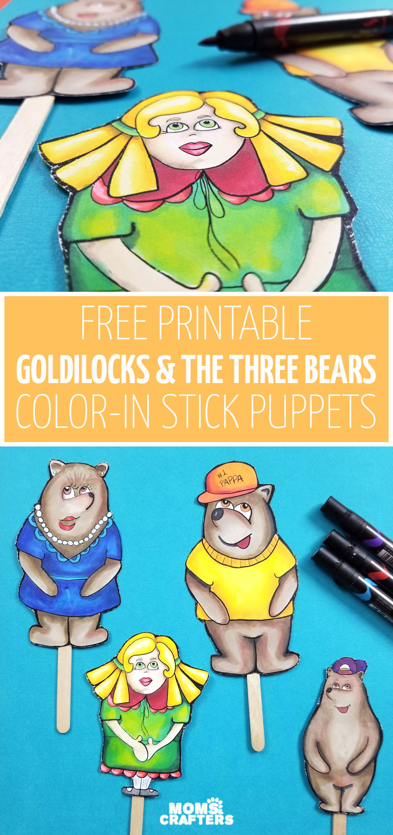 Click to download these adorable Goldilocks and the Three Bears printable puppets and fun stick puppets craft and coloring pages for kids! This fun storytelling and literacy activity is a fun DIY paper toy too.