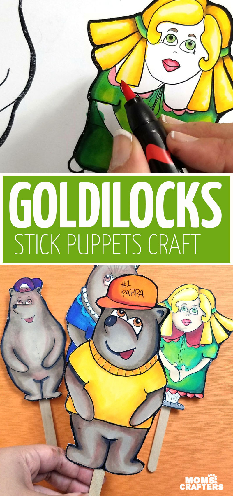 Grab your free goldilocks and the three bears printable puppets right here! This fun coloring pages and craft for kids is a story book based activity for toddlers, preschoolers, and young kids.