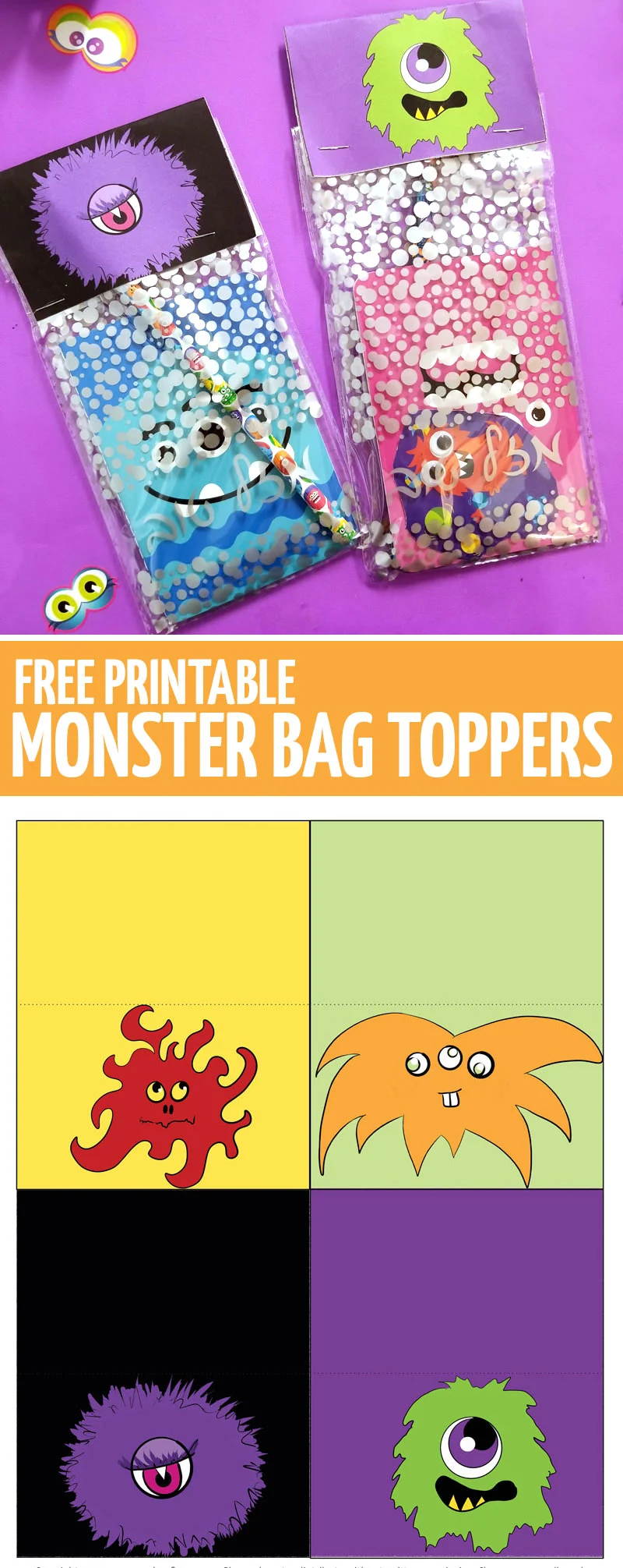 Throwing a monster theme birthday party? Make some monster party favors using these free printable bag toppers!