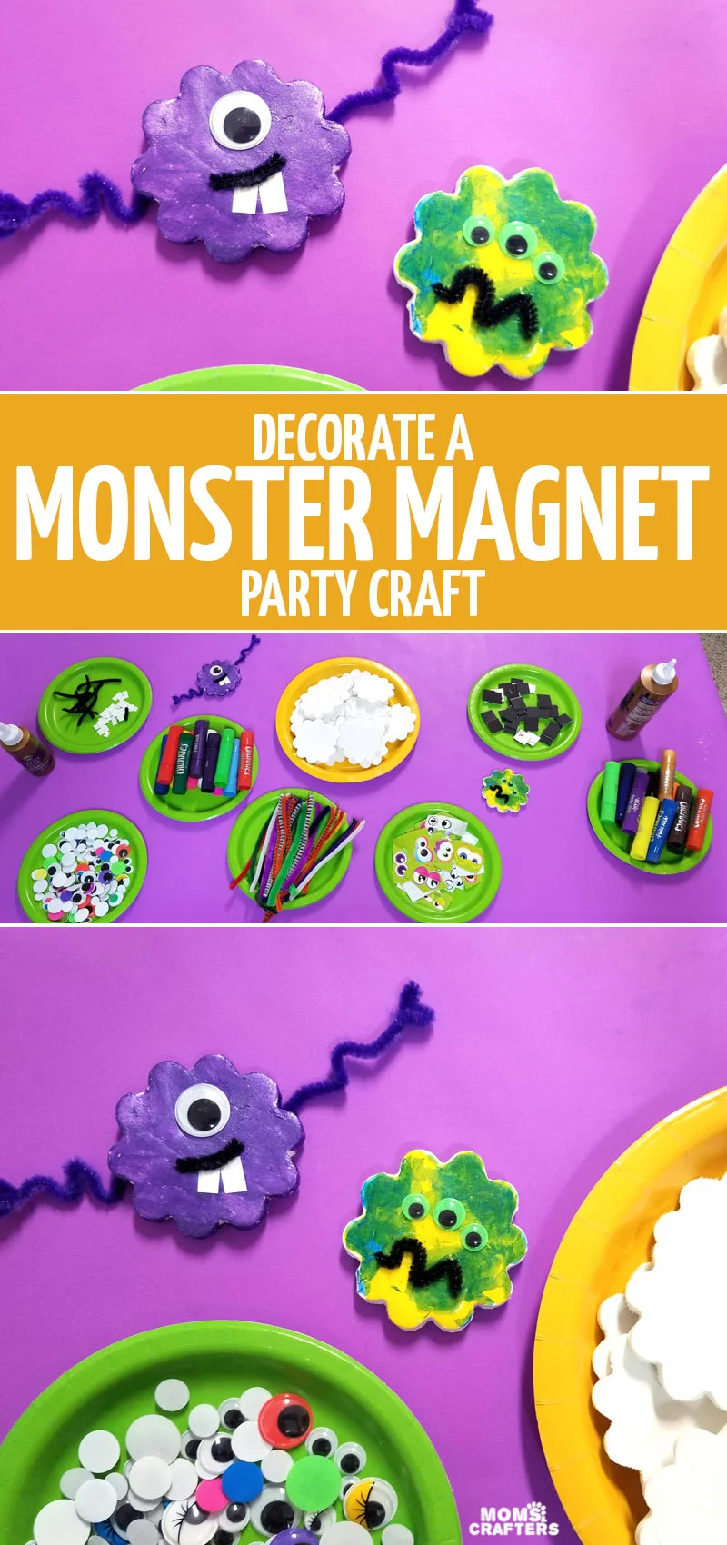 click to learn how we made this monster craft - DIY magnets - at our monster themed third birthday party! This fun monster party activity is a great take-home souvenir, Halloween craft, or make it for fun. It's good for toddlers, preschoolers, and kids of all ages!