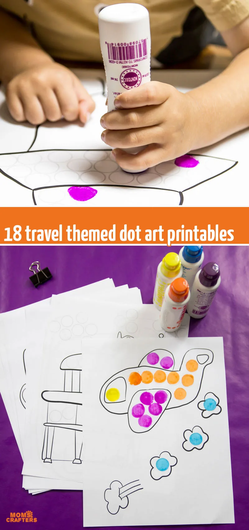 Grab these printable travel do a dot pages - do them with bingo markers or with dot stickers! You will also get more fun travel activities for kids to teach about travel themed homeschooling or teaching units OR to use as an airplane activity for toddlers.
