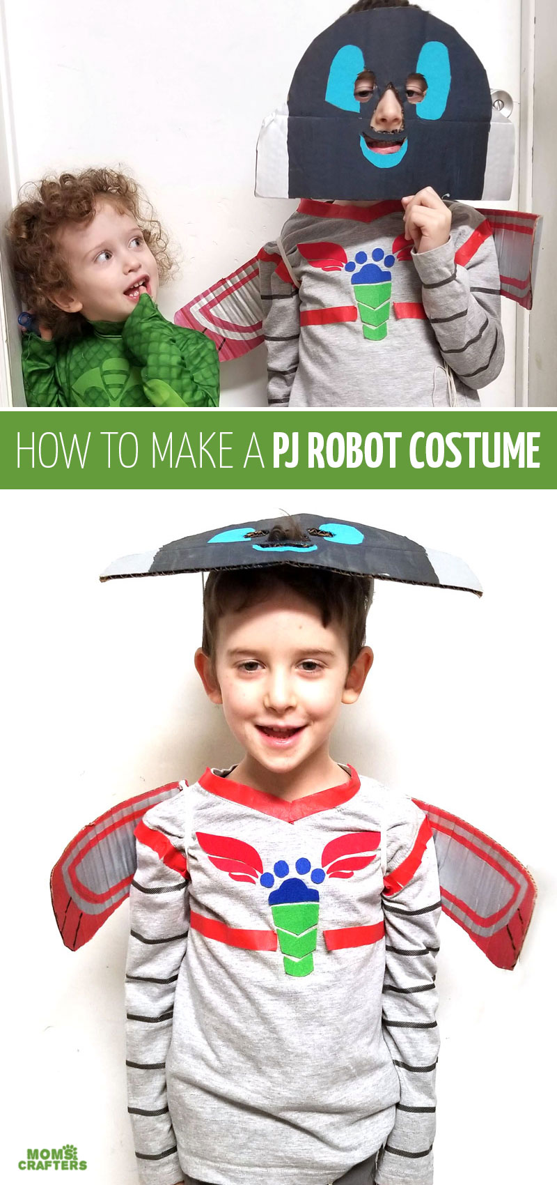 Click to learn how to make a PJ Masks PJ Robot costume - a DIY costume for preschoolers or toddlers! This fun frugal DIY halloween costume and creative idea for boys